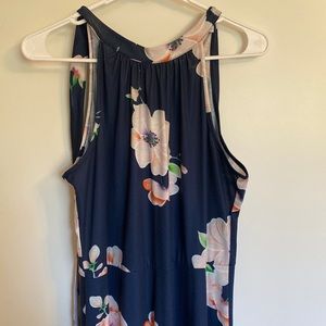 Navy blue floral maxi dress with halter top.
